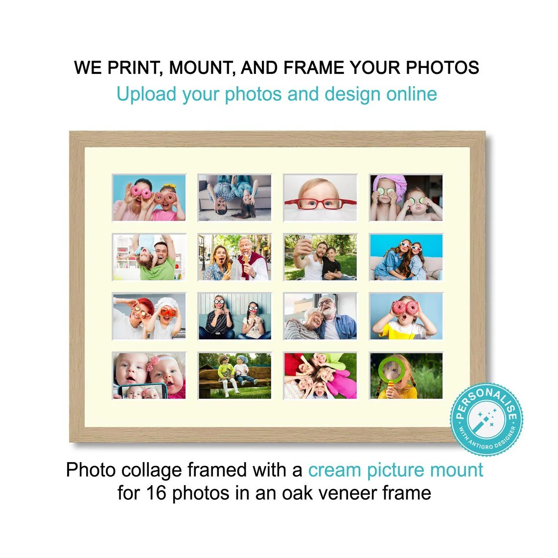 Personalised Photo Collage Printed and Framed for 16 Photos - Oak Veneer Frame - Image 3